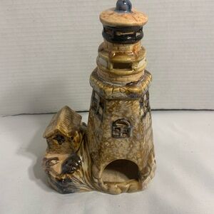 Ceramic Lighthouse Figurine in Marbled Tan and Blue
